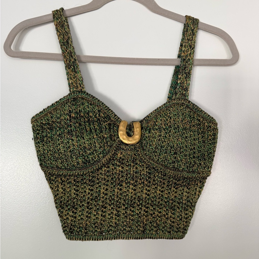 Vic Green Cropped Knit Tank with Gold Accent